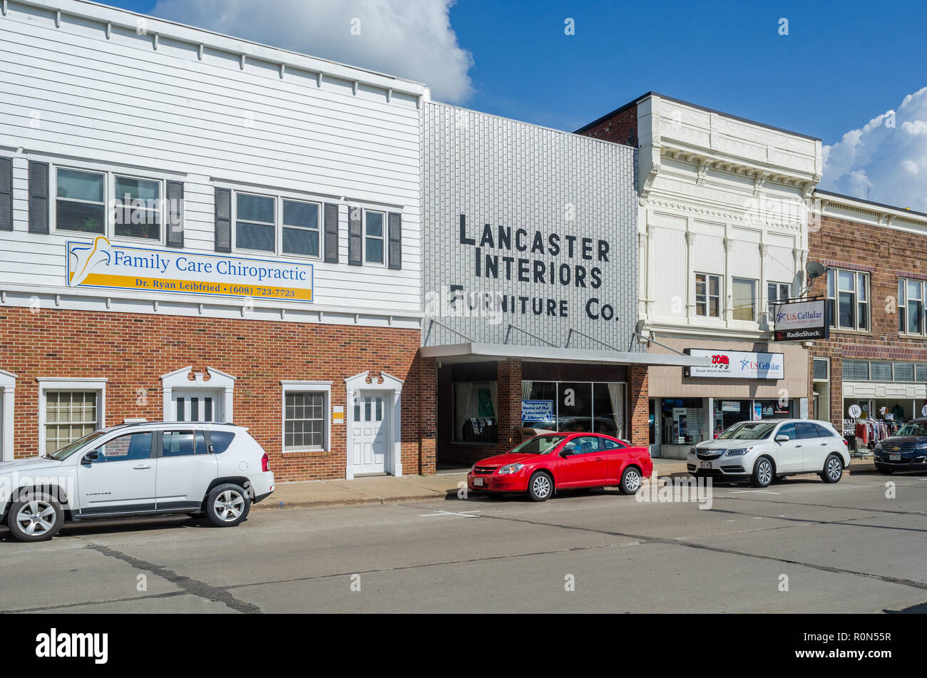 Commercial buildings in the main square of Lancaster, Wisconsin Stock