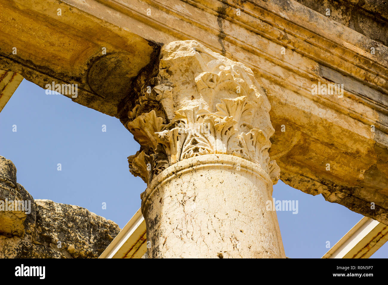 3 May 2018 A stone column among the ruins of a first century Jewish Synagogue in the ancient town of Capernaum in Israel where Jesus lived for some ti Stock Photo