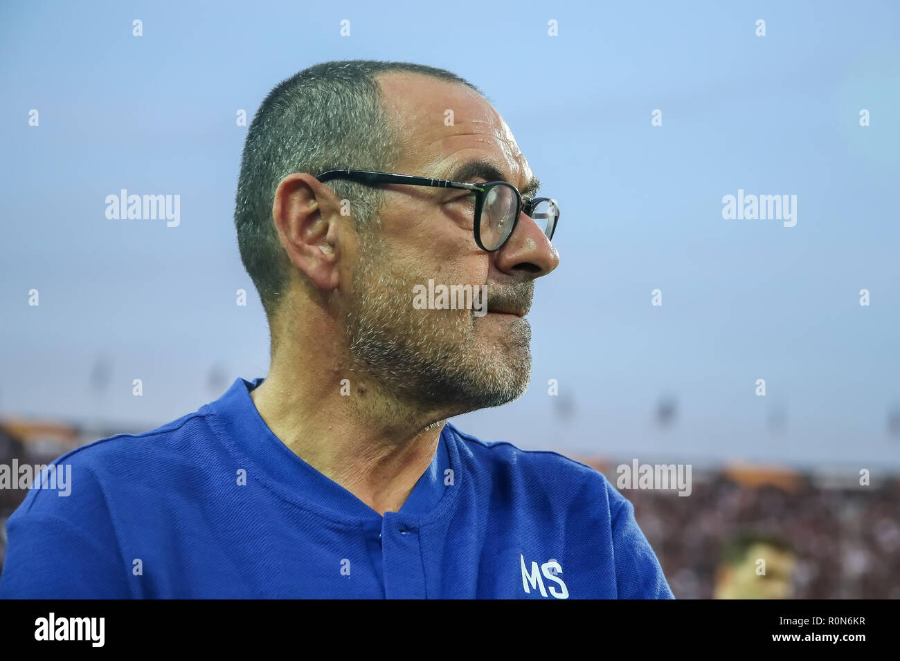 Thessaloniki, Greece - Sept 20, 2018: The coach of Chelsea Maurizio Sarri during the UEFA Europa League between PAOK vs FC Chelsea played at Toumba St Stock Photo