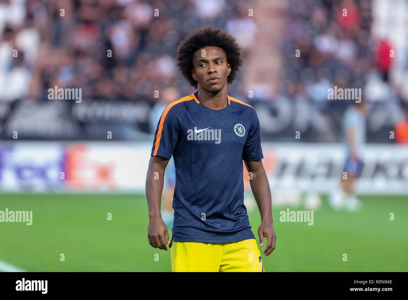 Thessaloniki, Greece - Sept 20, 2018: Player of Chelsea Willian Borges da Silva in action during the UEFA Europa League between PAOK vs FC Chelsea pla Stock Photo