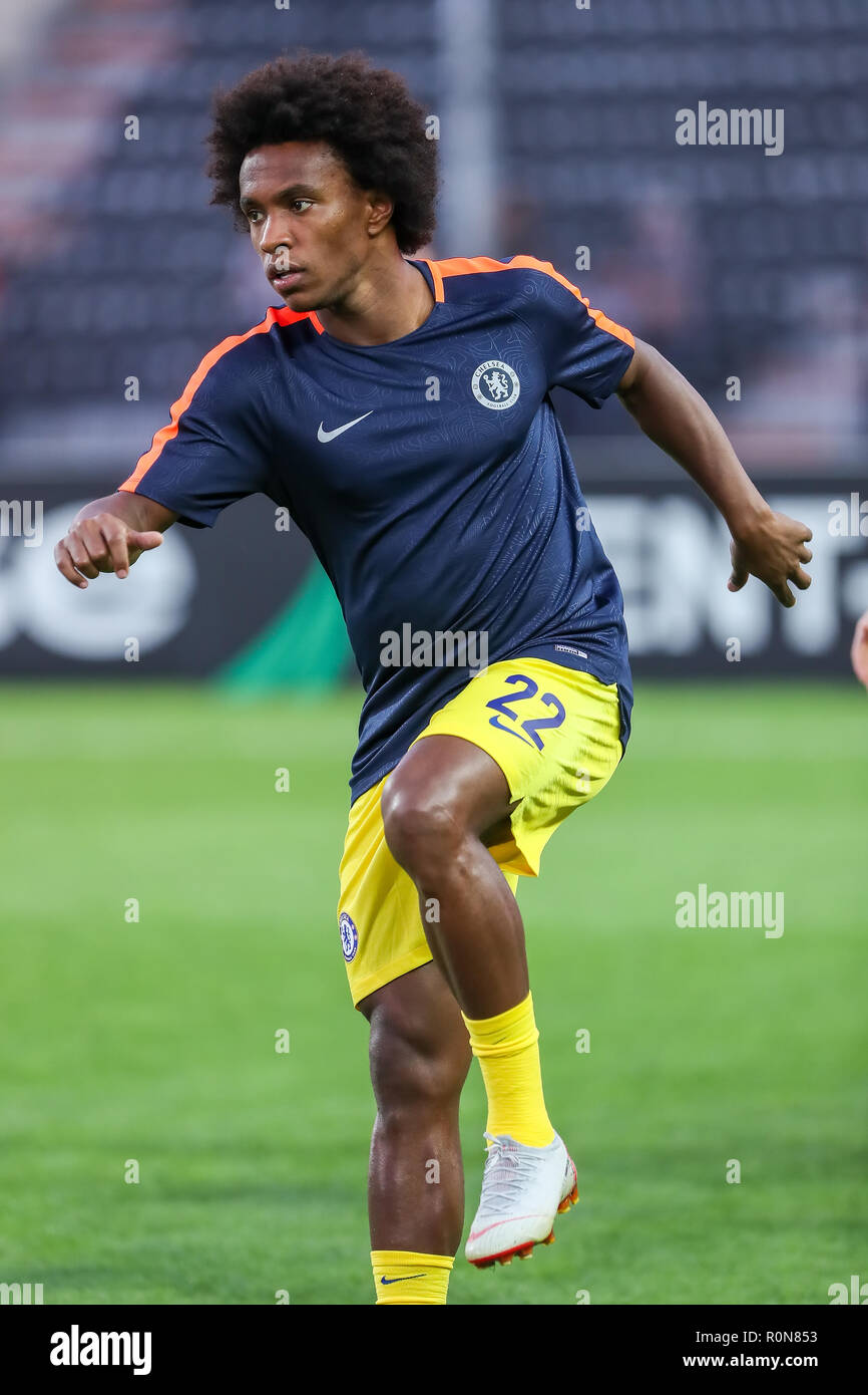 Thessaloniki, Greece - Sept 20, 2018: Player of Chelsea Willian Borges da Silva in action during the UEFA Europa League between PAOK vs FC Chelsea pla Stock Photo