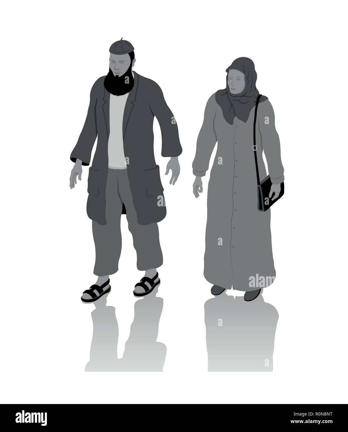 Religious muslim man and islamic woman from Middle East with local clothes. All the objects, shadows and background are in different layers. Stock Vector