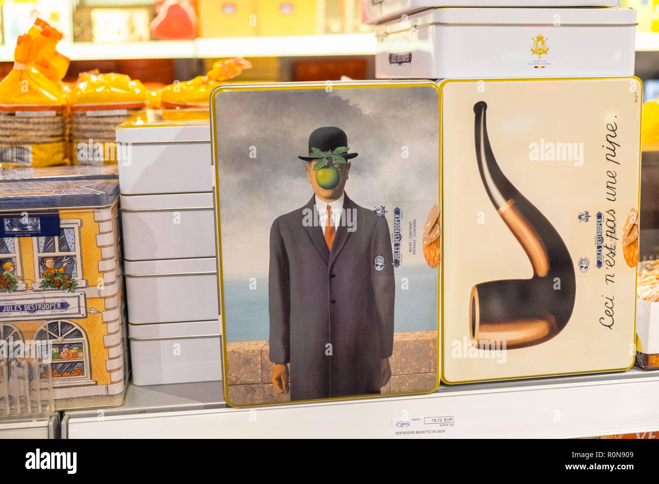 Rene Magritte,surreal,art,This is not a pipe,Duty Free zone at Departure,Departures,Terminal,building,Brussels Airport,Belgium,Europe,European, Stock Photo