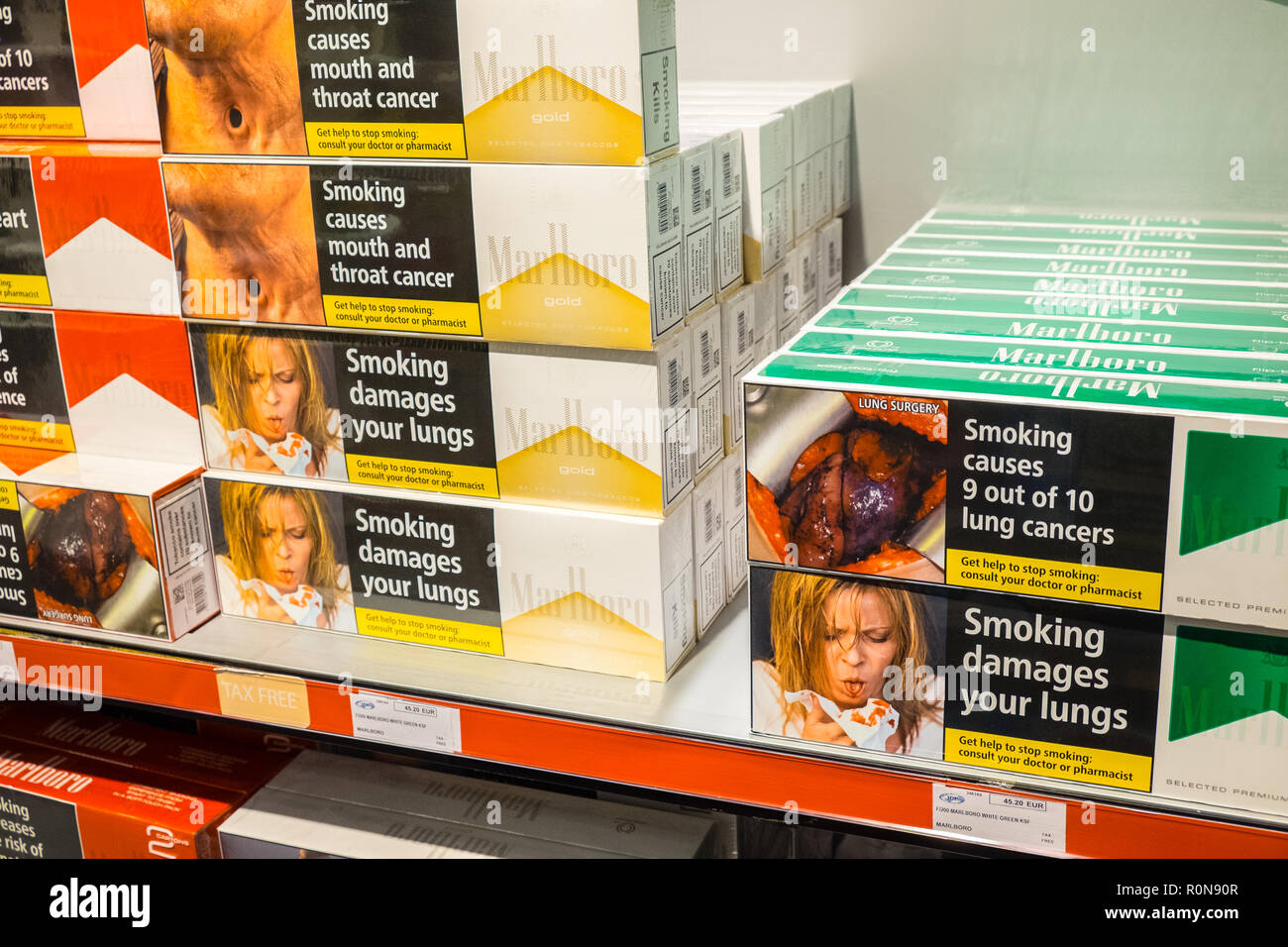 Cigarettes,for,sale,with,graphic,damages,your,lungs,Duty Free zone at