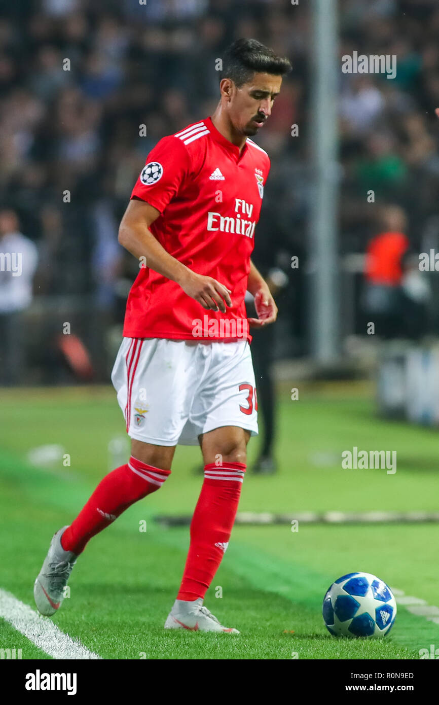 Thessaloniki, Greece - August 29, 2018: Player of Benfica Andre Almeida in action during the UEFA Champions League Play-offs , 2nd leg PAOK vs FC Benf Stock Photo