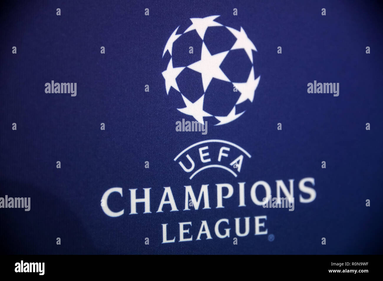 Thessaloniki, Greece - August 28, 2018: Official UEFA Champions League logo Stock Photo
