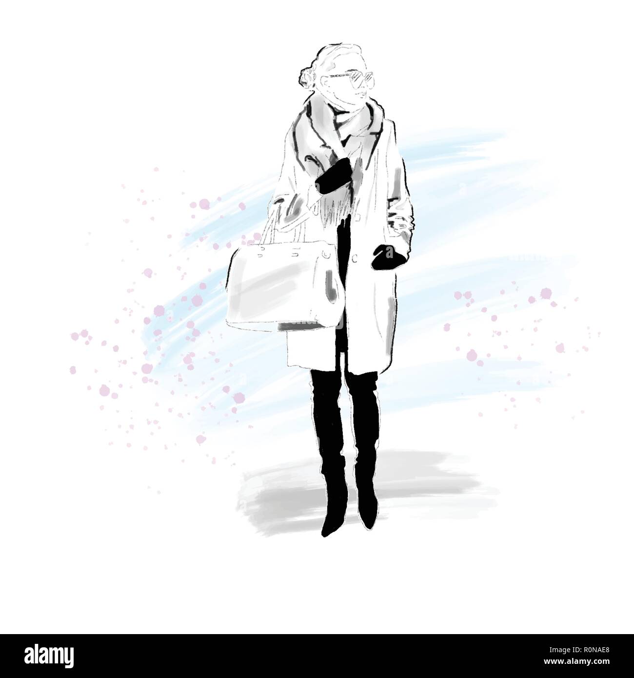 Stylish Girl in winter coat, scarf and with bag. The girl is a hipster. Painted by hand. Black and white with colorful background. Vector. EPS 10 Stock Vector