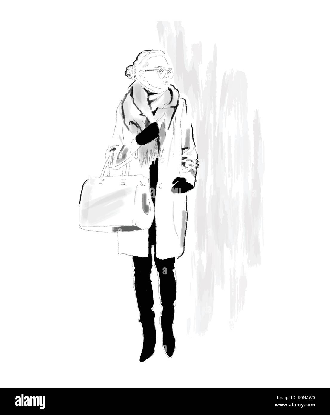 Stylish Girl in winter coat, scarf and with bag. The girl is a hipster. Painted by hand. Black and white. Vector. EPS 10 Stock Vector