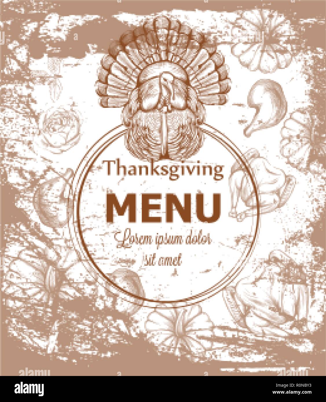 Happy thanksgiving card with turkey and pumpkins Vector. Line art ...