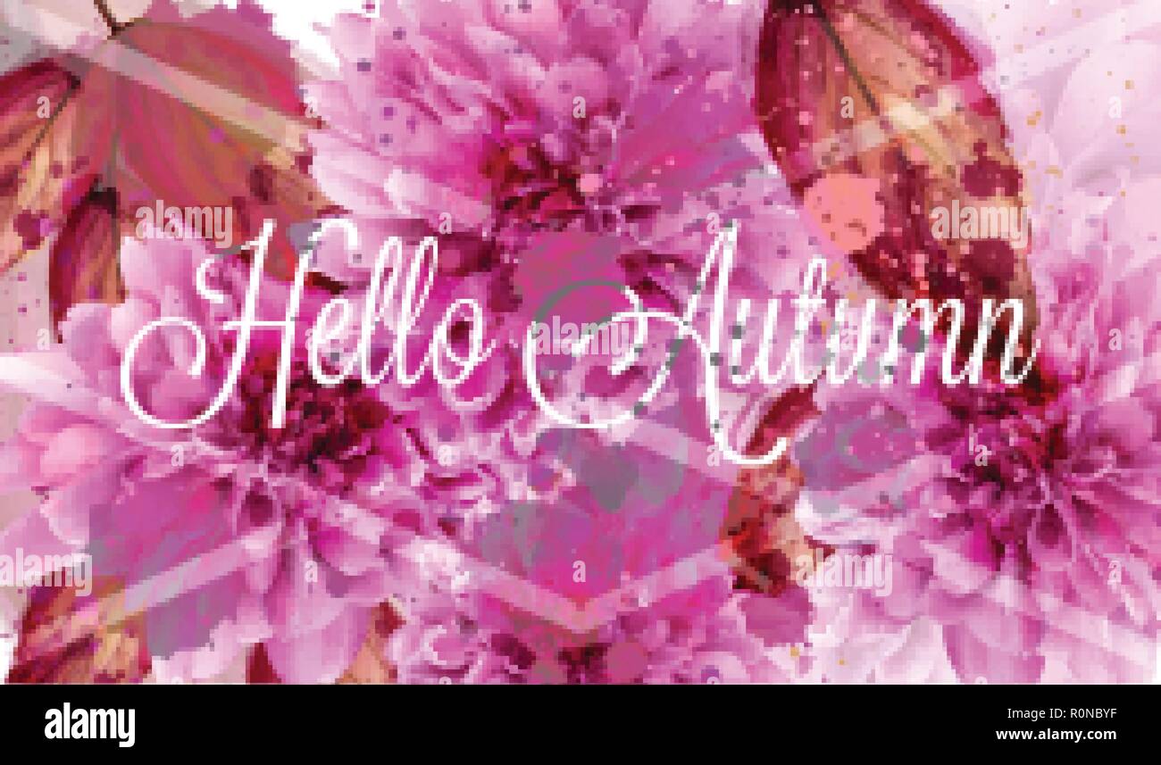 Hello autumn pink daisy flowers Vector banner watercolor style decor Stock Vector