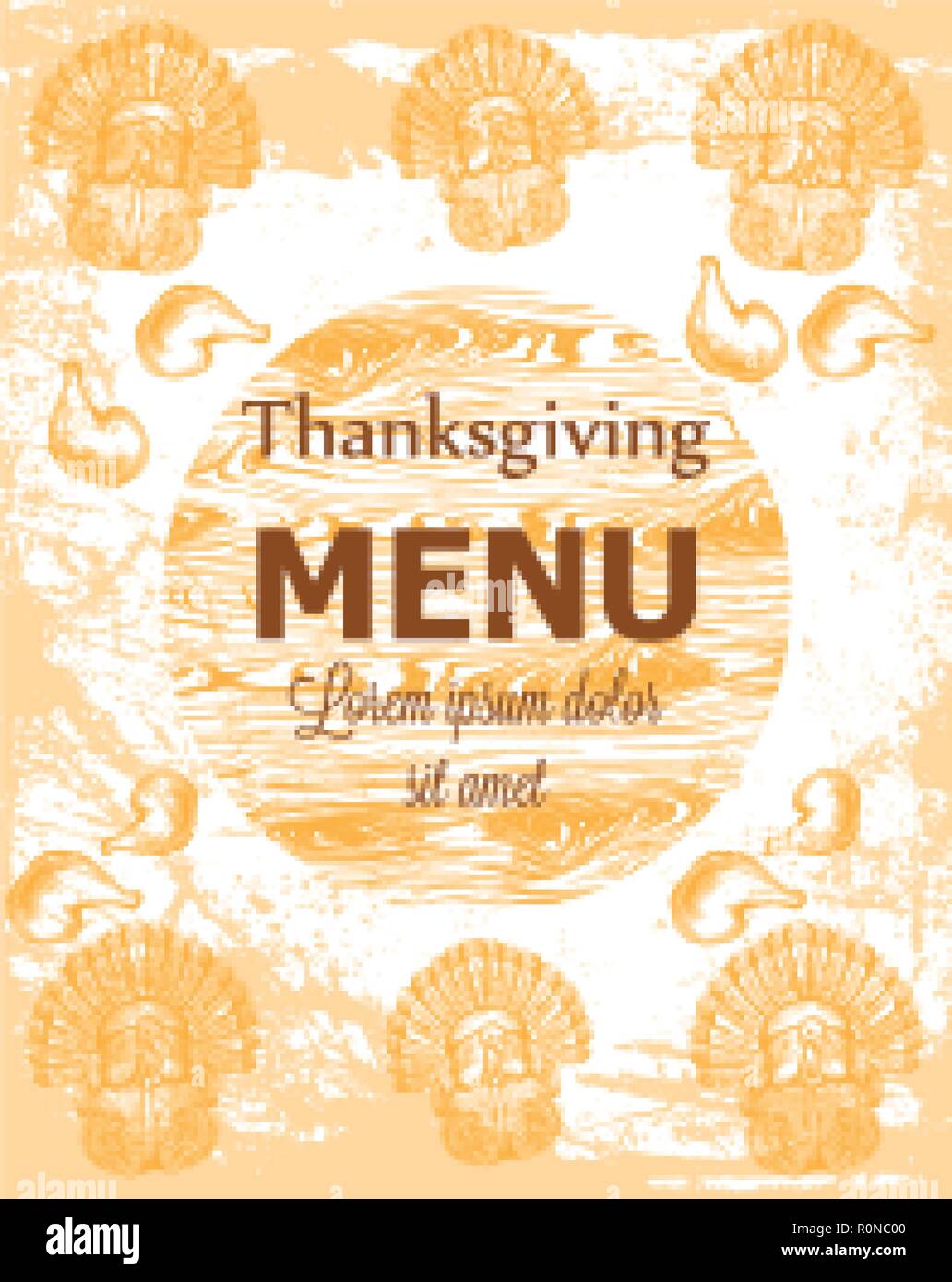 Happy thanksgiving card with turkey and pumpkins Vector. Line art ...
