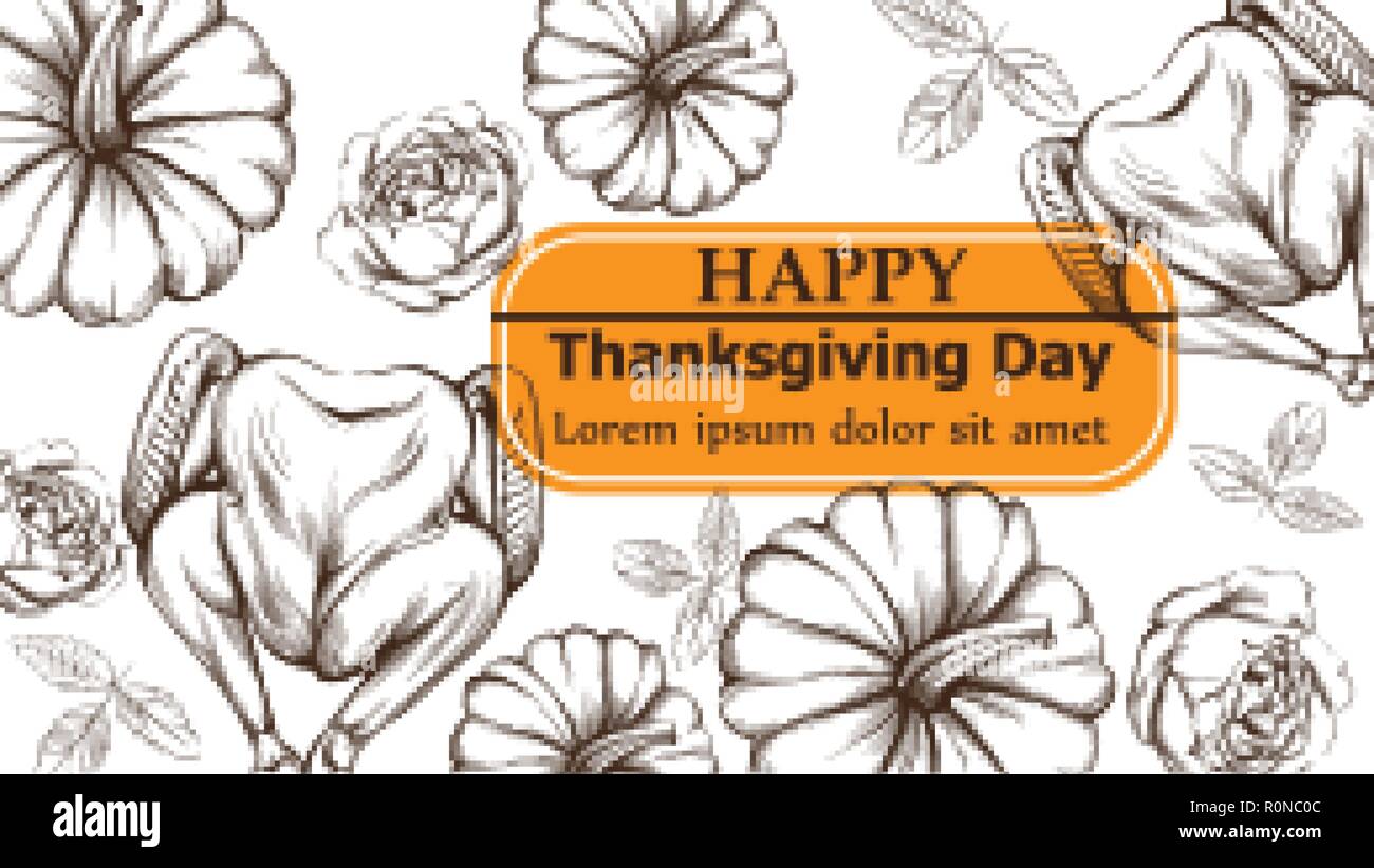Happy thanksgiving card with turkey and pumpkins Vector. Line art ...