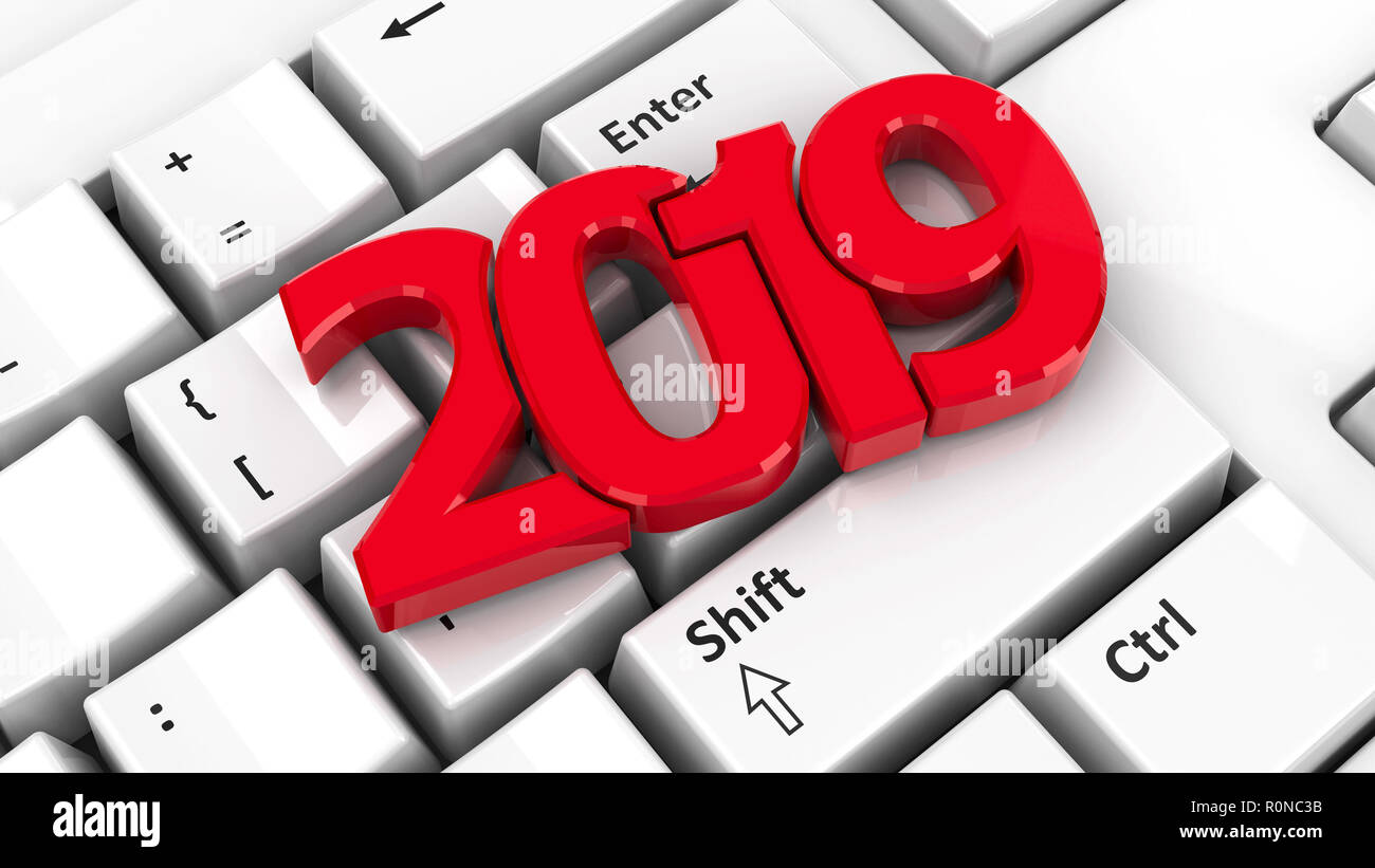 2019 icon on the computer keyboard background represents the new year ...