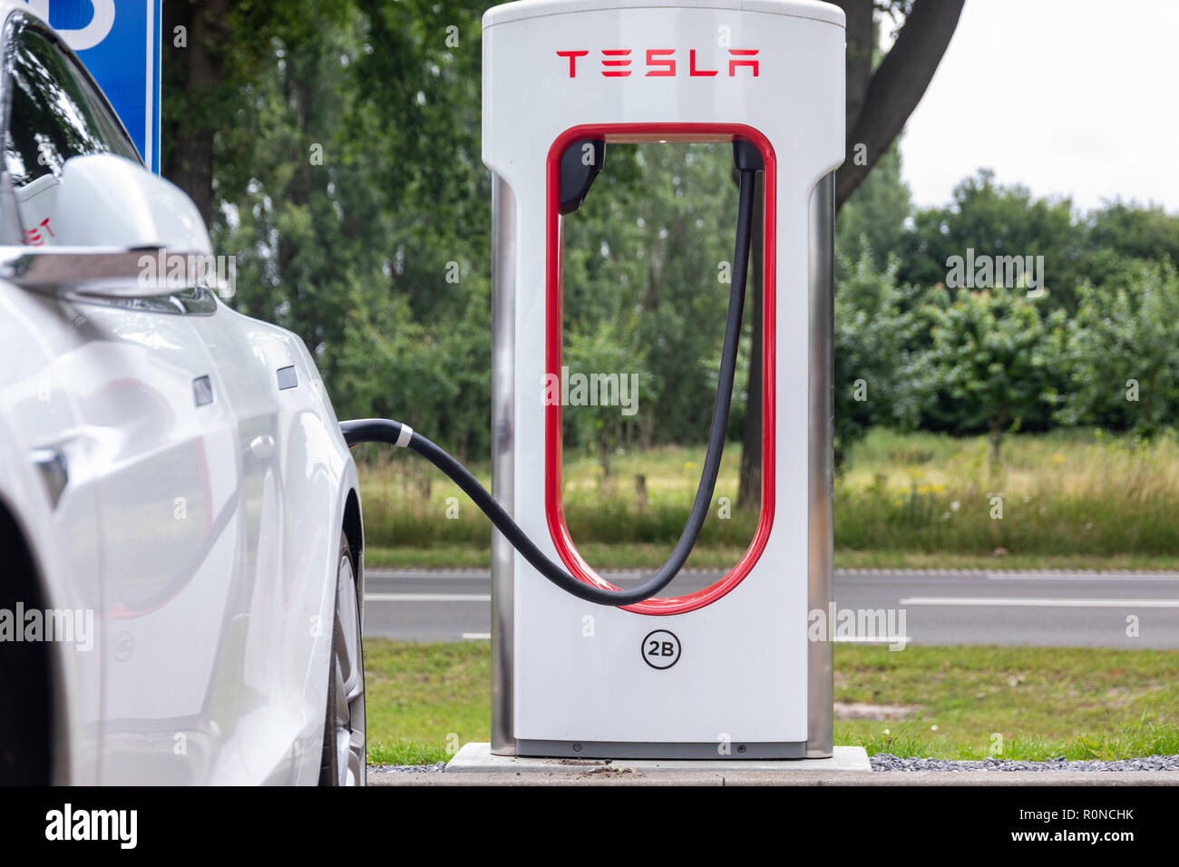 Horst, Netherlands June 25, 2018 Tesla Super Charging station on Horst .Tesla Supercharger