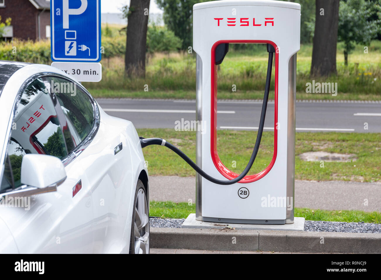Horst, Netherlands June 25, 2018 Tesla Super Charging station on