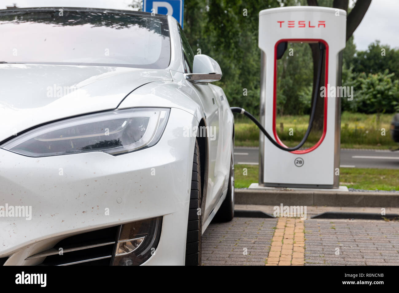 Horst, Netherlands June 25, 2018 Tesla Super Charging station on
