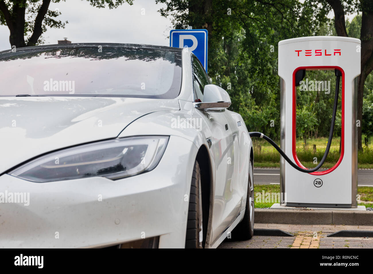 Horst, Netherlands June 25, 2018 Tesla Super Charging station on