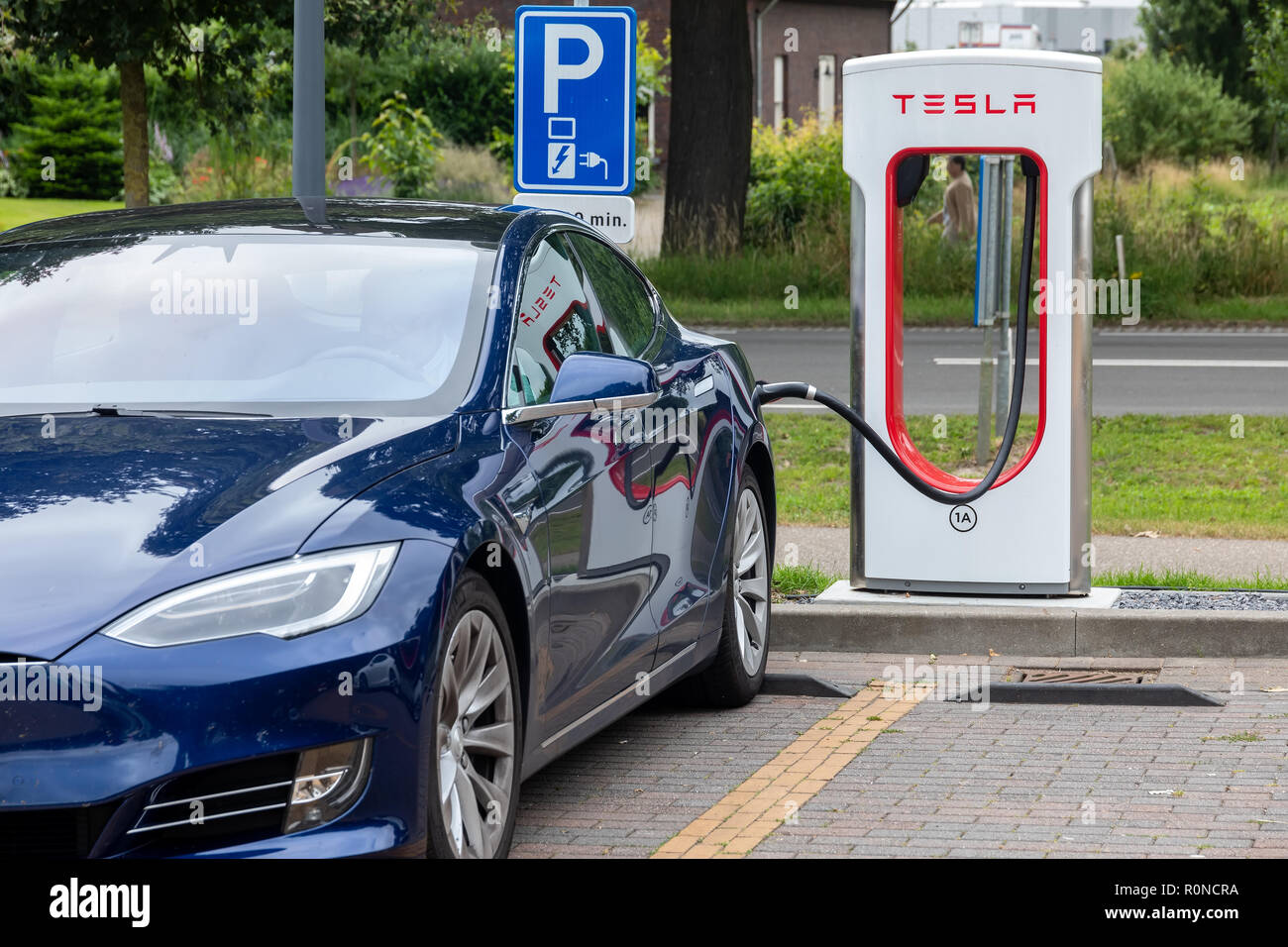 Horst, Netherlands June 25, 2018 Tesla Super Charging station on