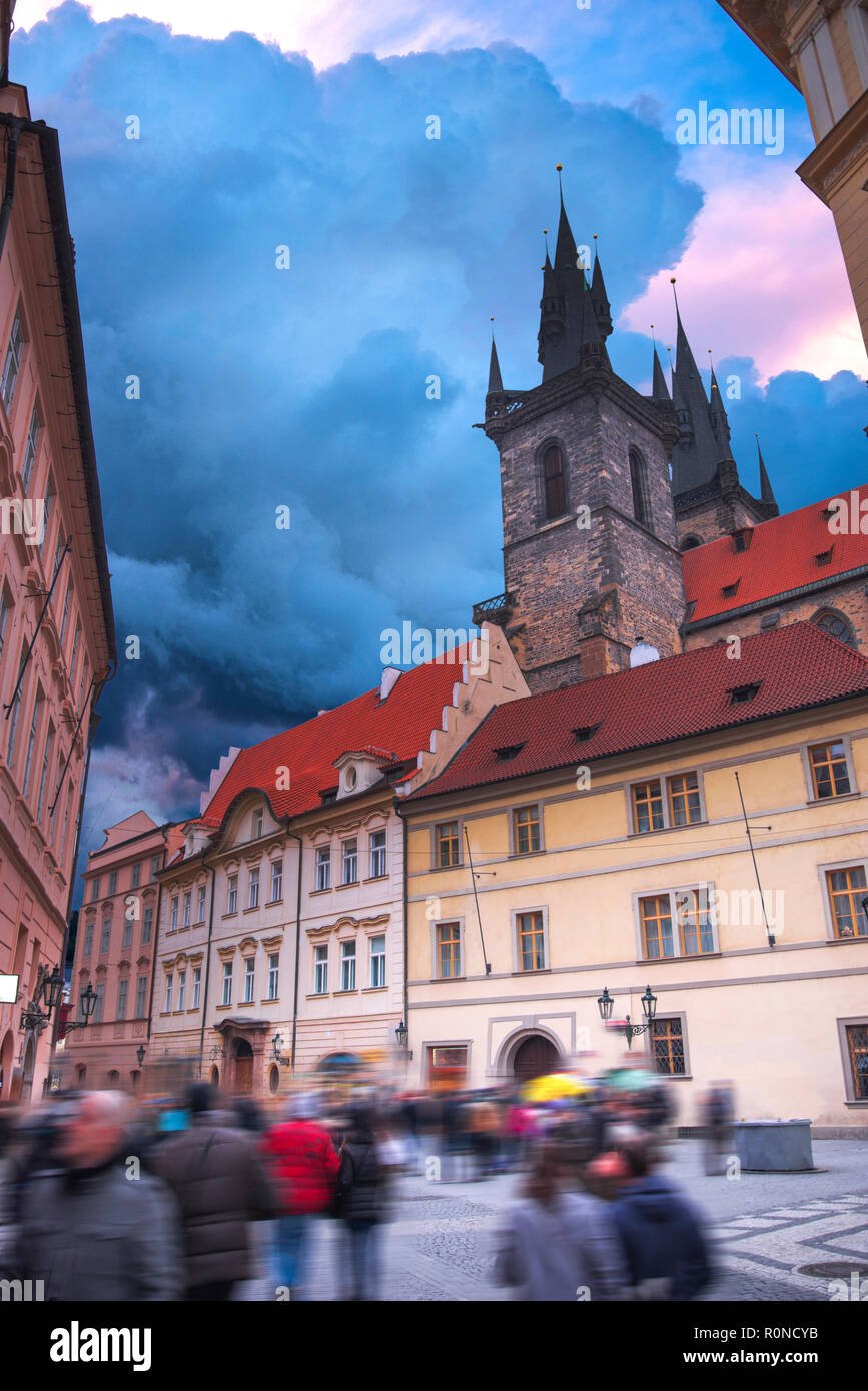 Prague Old town square, Tyn Cathedral. under sunlight. Stock Photo