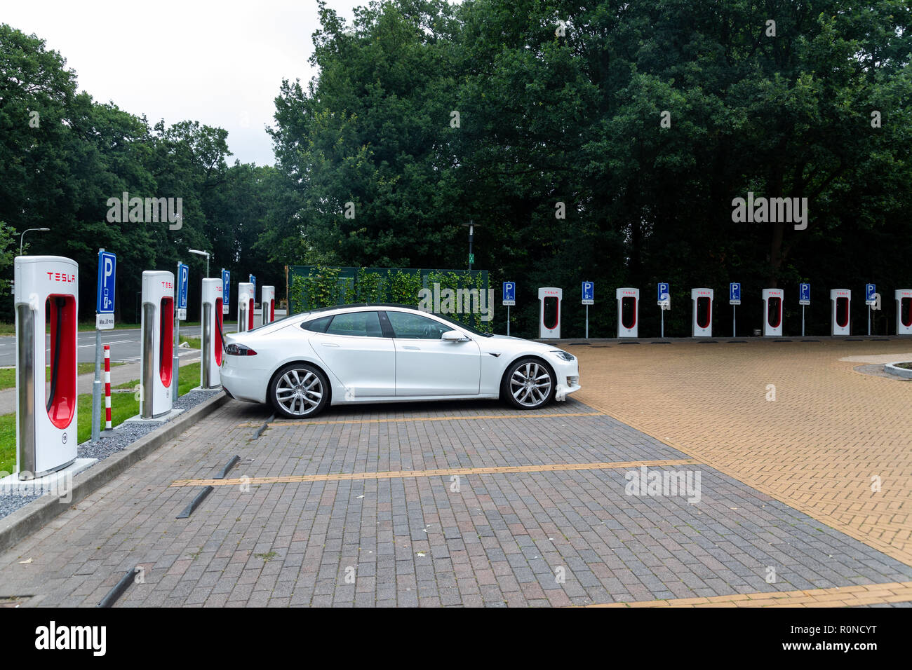 Horst, Netherlands June 25, 2018 Tesla Super Charging station on