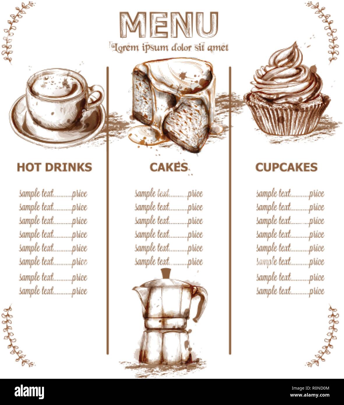 Menu template drinks, cakes and seafood Vector. Fresh coffee, cupcakes, lobesters design line art Stock Vector