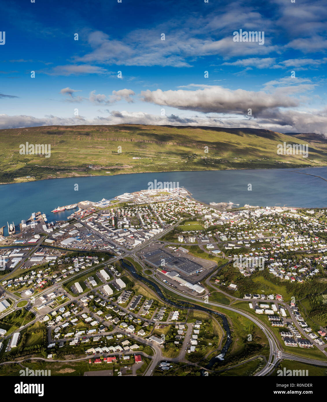 Aerial - Akureyri, Northern Iceland Stock Photo