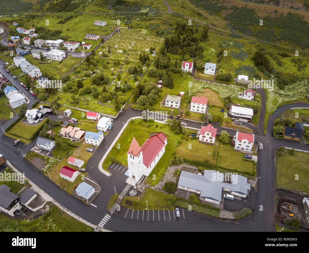 Sigulfjordur Church and homes, Siglufjordur, Northern Iceland Stock Photo