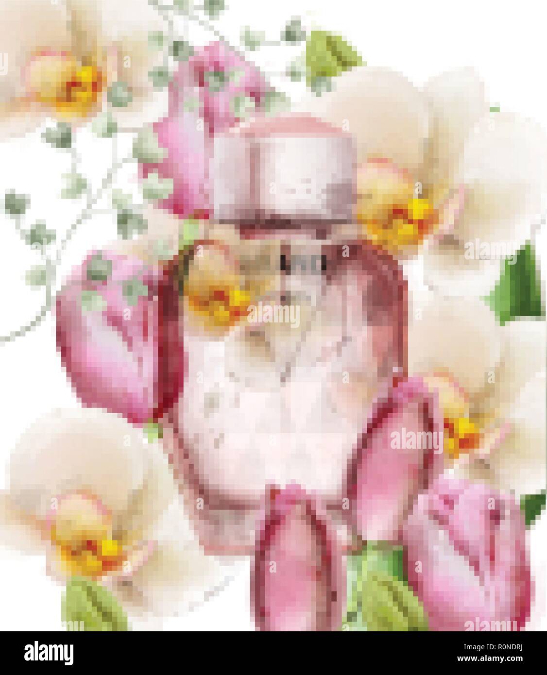 Women perfume bottle floral Vector. Product packaging design. Delicate flowers fragrance