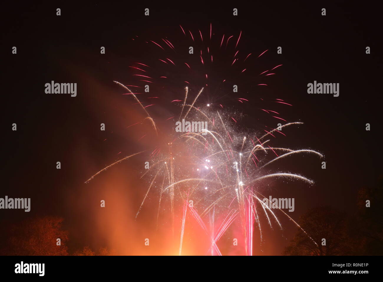 Fireworks display at Springhead Park in Rothwell, Leeds, West Yorkshire as part of Bonfire night