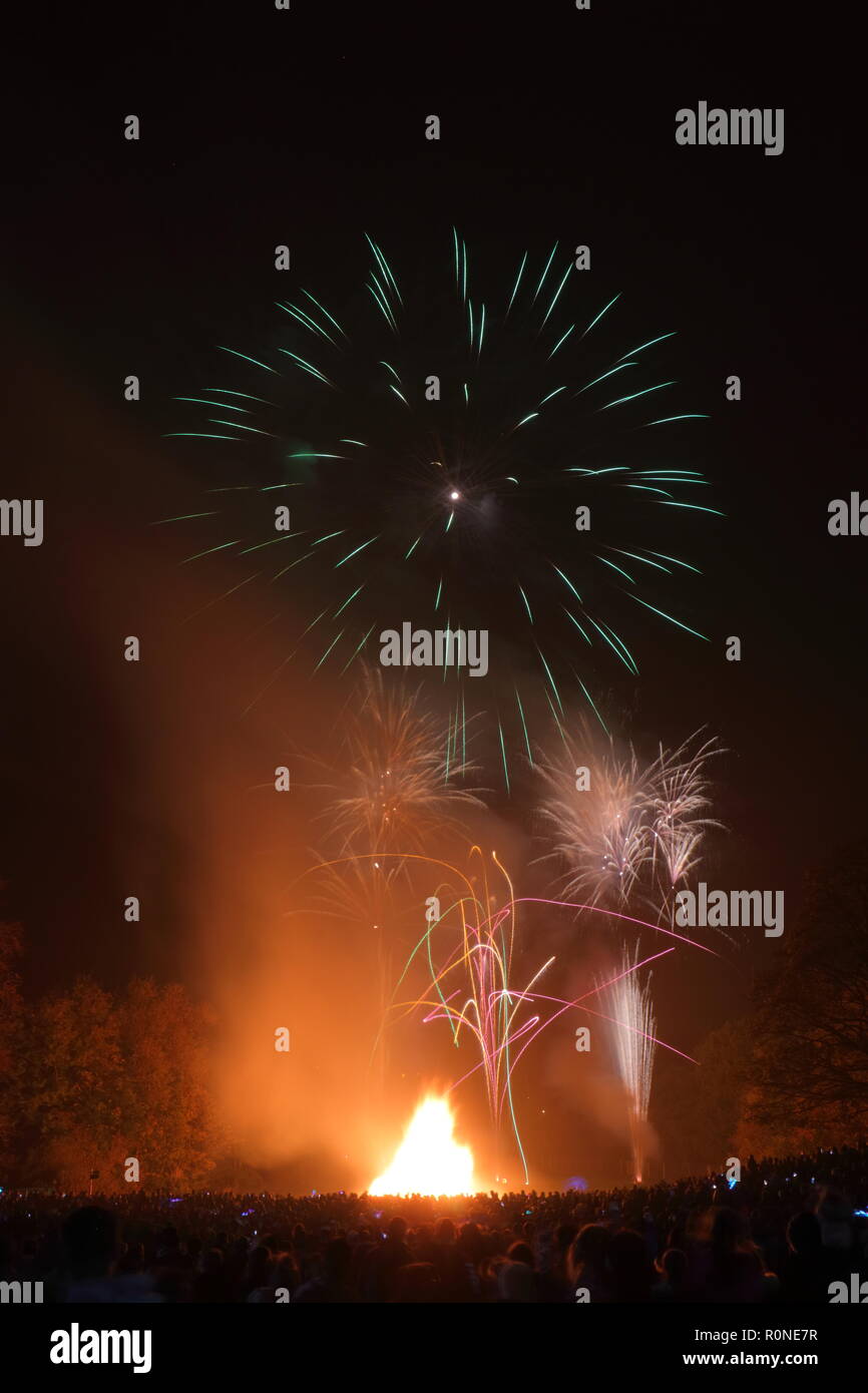 Fireworks display at Springhead Park in Rothwell, Leeds, West Yorkshire as part of Bonfire night