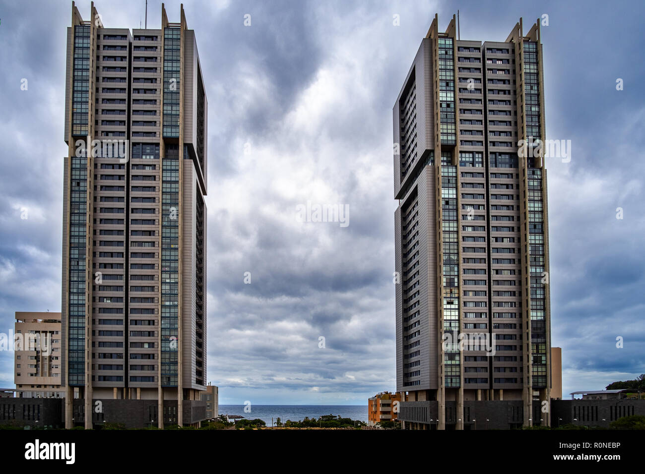 Torres de Santa Cruz - is the name of two similar residential towers in the district of Cabo Llanos. The buildings were designed by architect Julián V Stock Photo