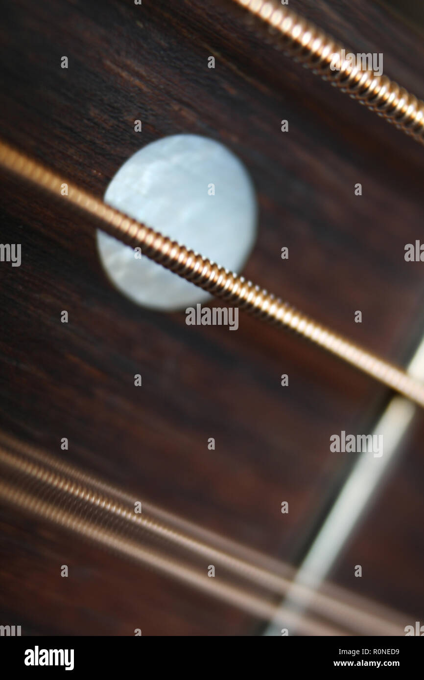 Acoustic guitar fretboard with steel strings vibration, closeup Stock Photo Alamy