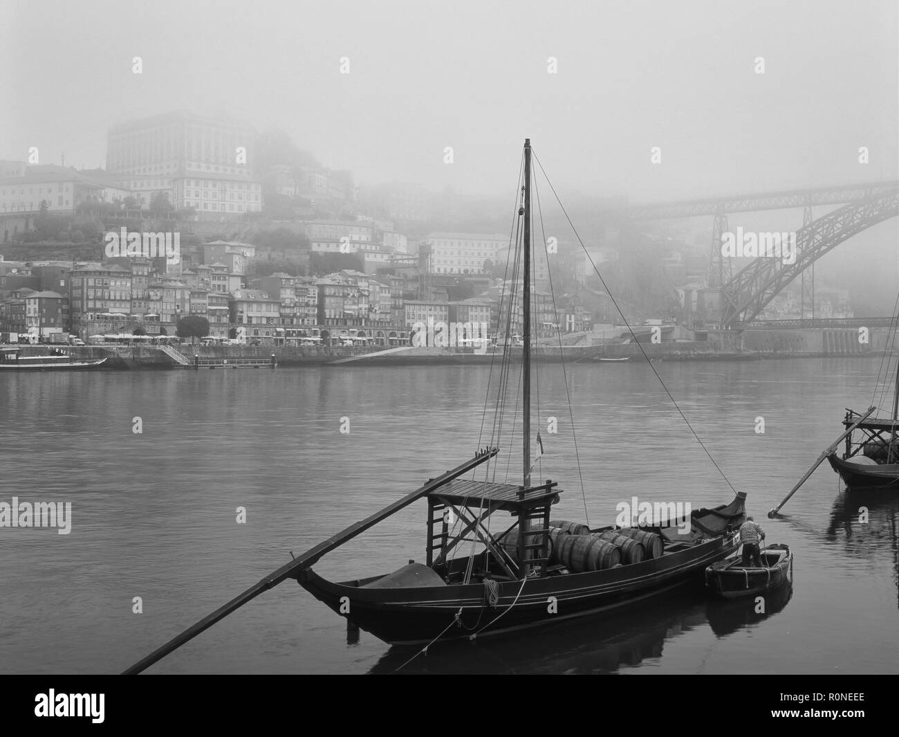 Early misty morning in the Douro river borders. Old photo from the beginning of the century. Analog: medium format film. Stock Photo
