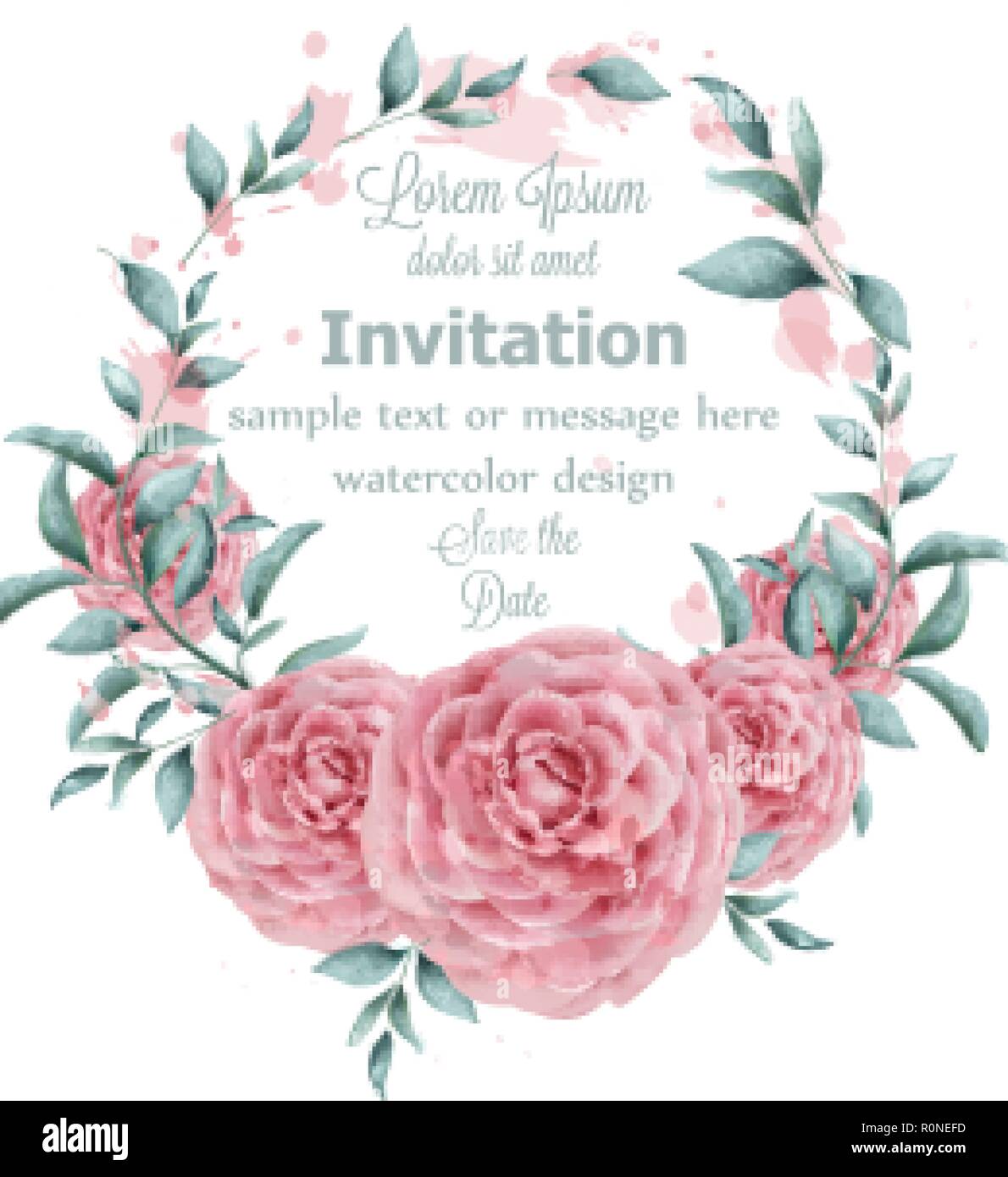 Rose Flowers Watercolor Round Frame With Green Branches Vector