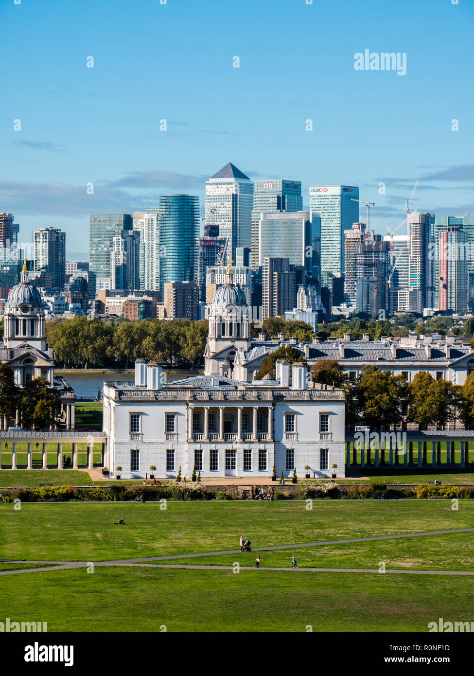 View from Royal Observatory, of Canary Wharf, London Docklands, with Queens House, and Old Royal Navel College, Greenwich, London, England. UK, GB. Stock Photo