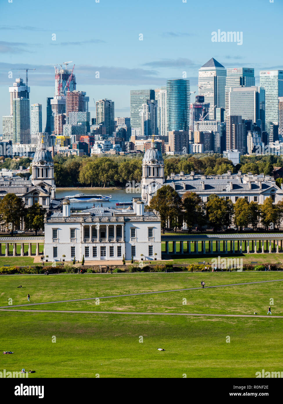View from Royal Observatory, of Canary Wharf, London Docklands, with Queens House, and Old Royal Navel College, Greenwich, London, England. Uk, GB. Stock Photo