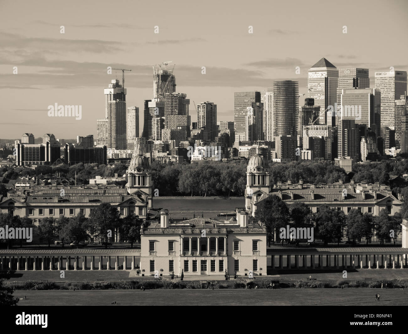 View from Royal Observatory, of Canary Wharf, London Docklands, with Queens House, and Old Royal Navel College, Greenwich, London, England. Stock Photo
