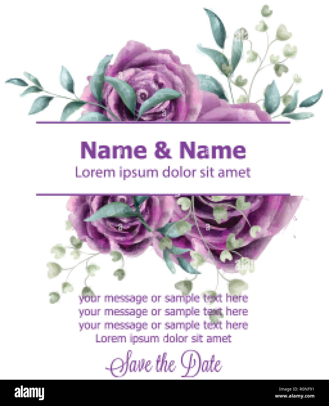 Wedding Invitation Card With Roses Flowers Watercolor Vector