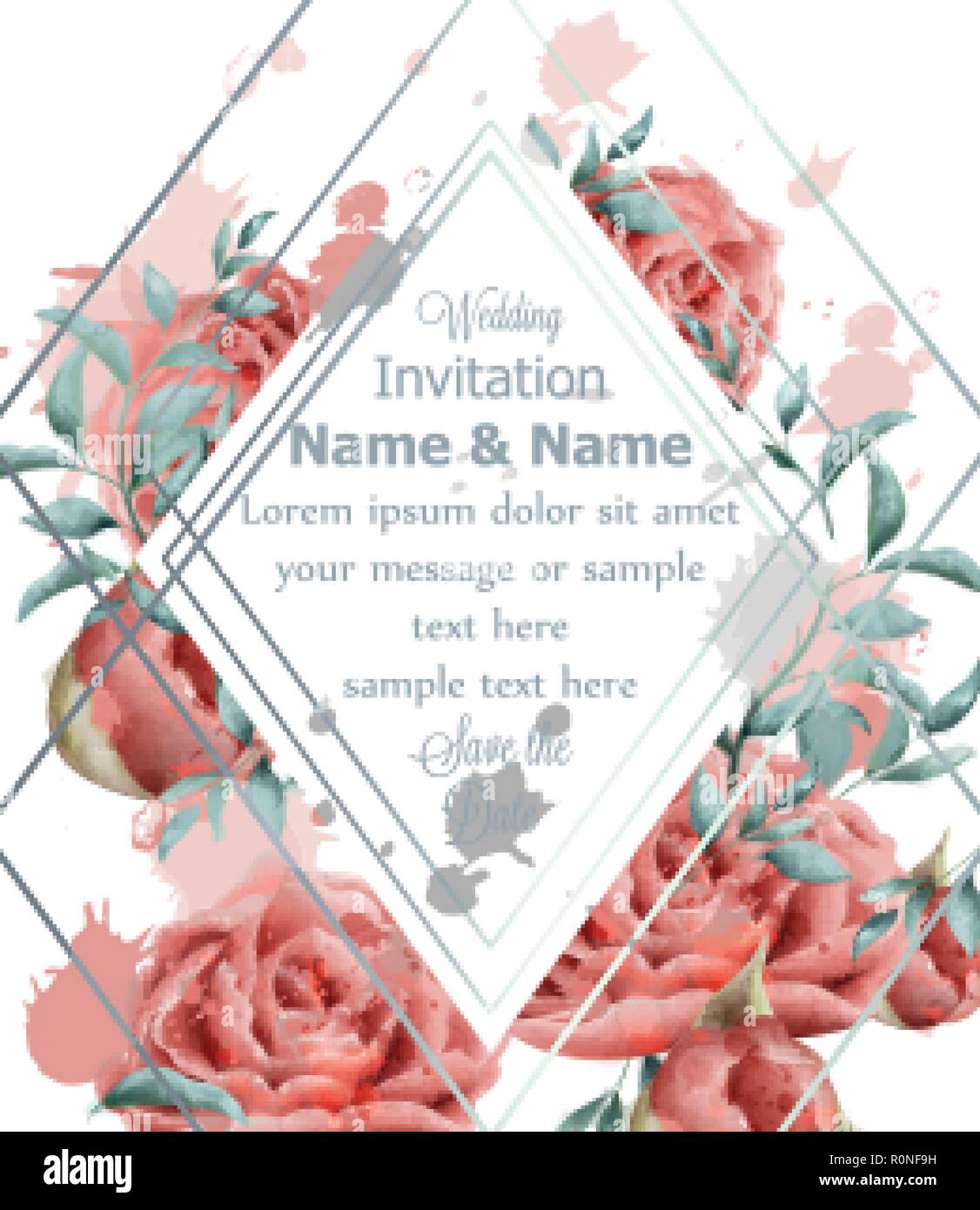 Wedding Invitation Card With Roses Flowers Watercolor Vector