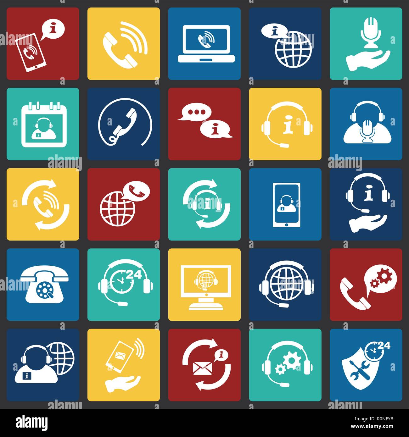 Call center help desk set on color squares background icons Stock ...