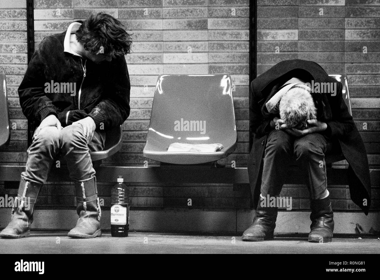 Archives 80ies Homeless people look for shelter in a subway station, Lyon, France Stock Photo
