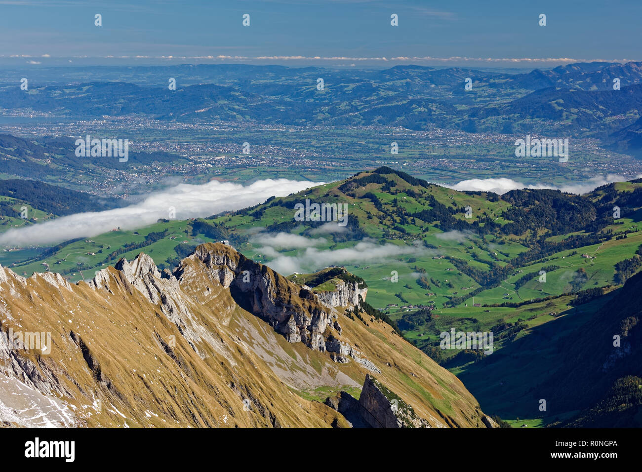Sunny views from Säntis towards north, Alpstein - Appenzell Alps, Switzerland Stock Photo