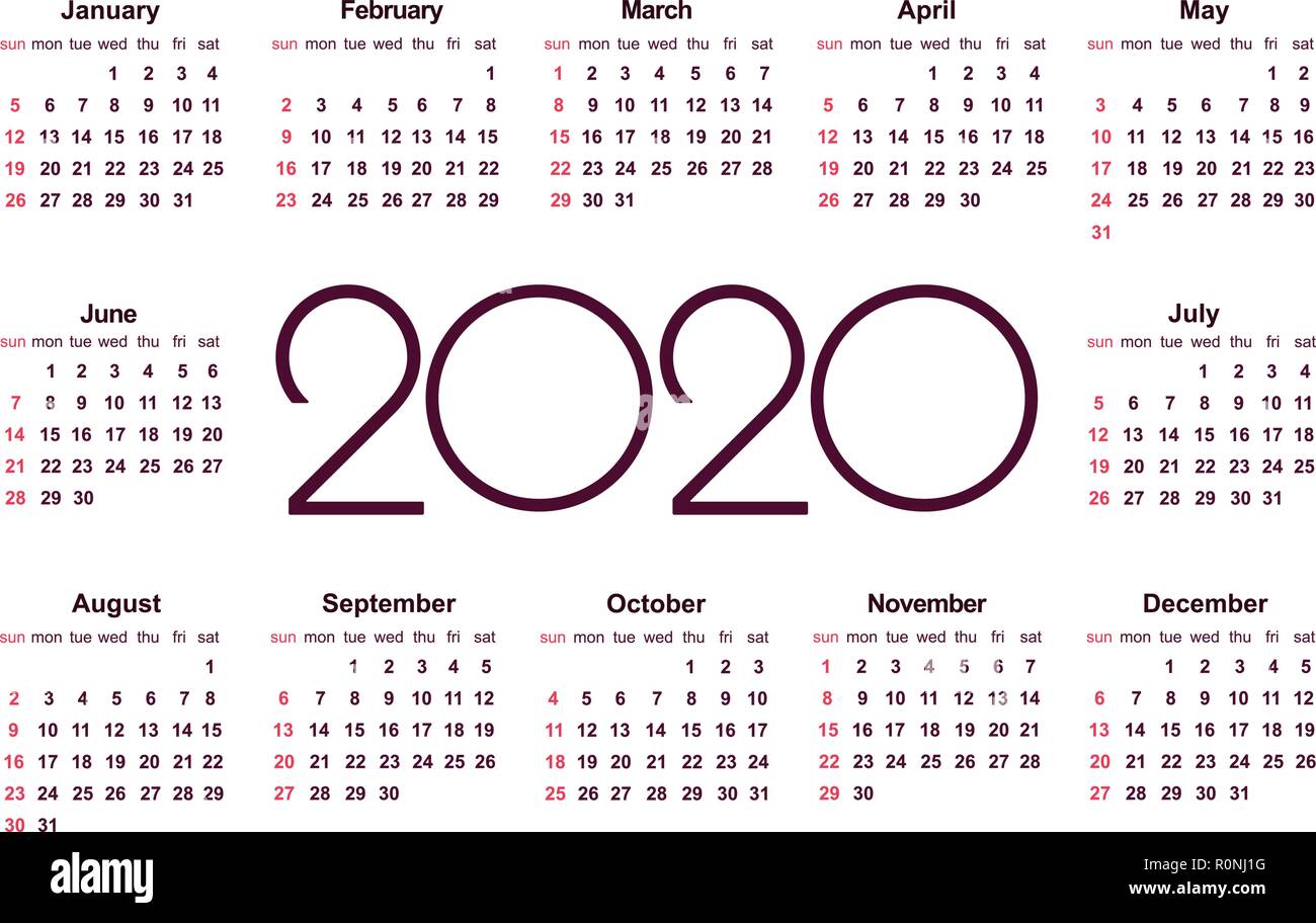 Calendar 2020 year. Simple Vector Template. Stationery Design Template. Calendar design in black and white colors, holidays in red colors. Isolated ve Stock Vector