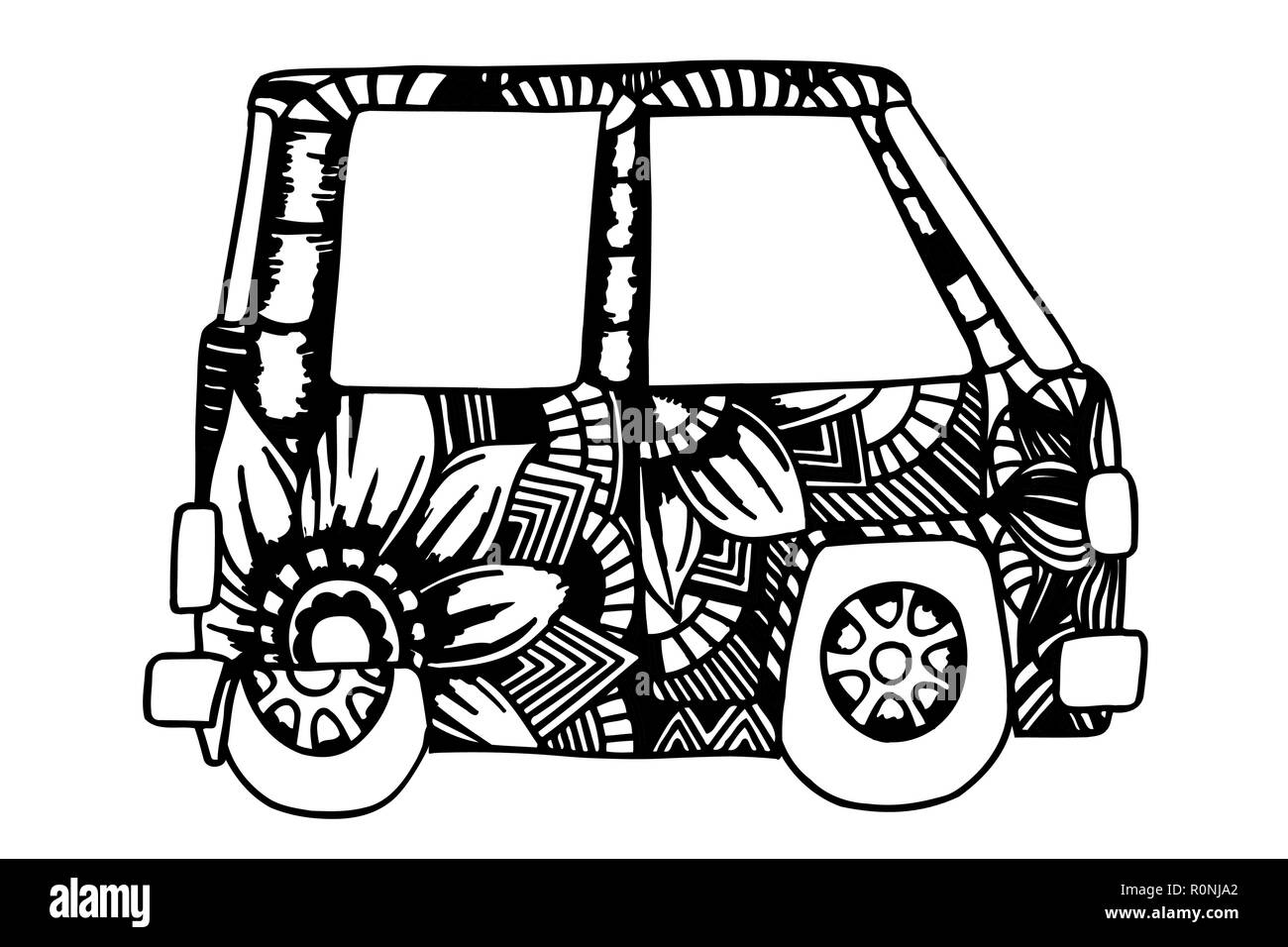 Hippie vintage car a mini van. Made by trace from sketch. Monochrome vector illustration. Stock Vector