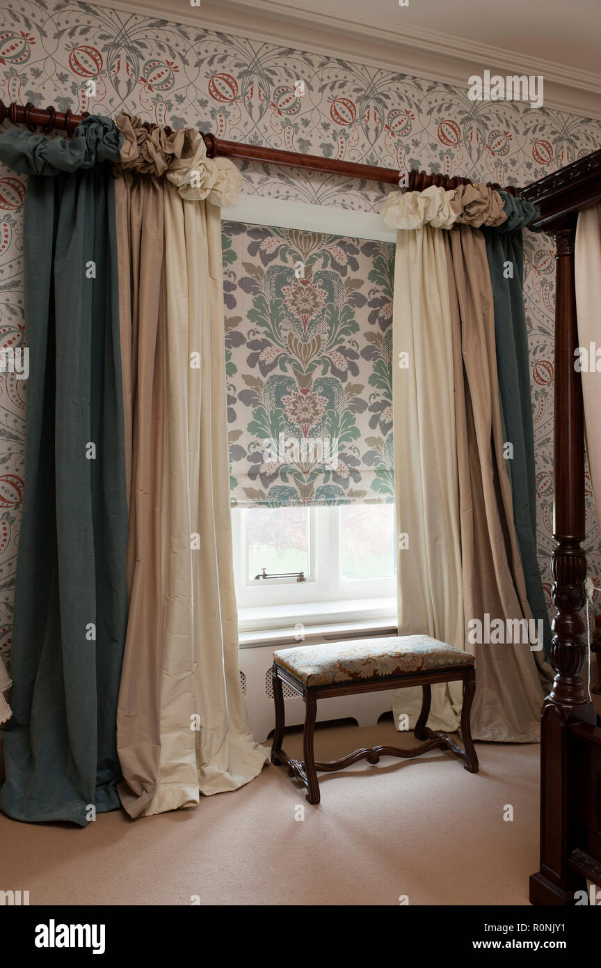 Floral wallpaper matching curtains in hires stock photography and