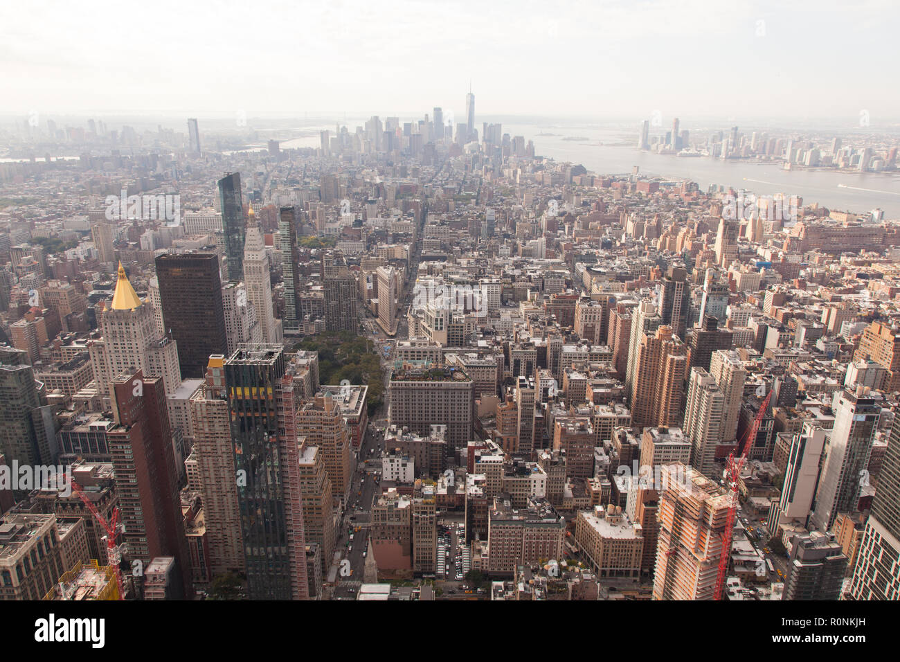 Southern view from the Empire State Building over Lower Manhattan, New York City, United States of America. US, U.S.A, Stock Photo