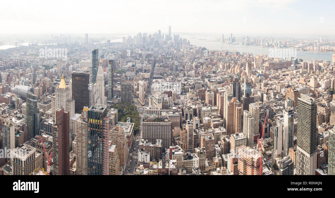 Southern view from the Empire State Building over Lower Manhattan, New York City, United States of America. US, U.S.A, Stock Photo