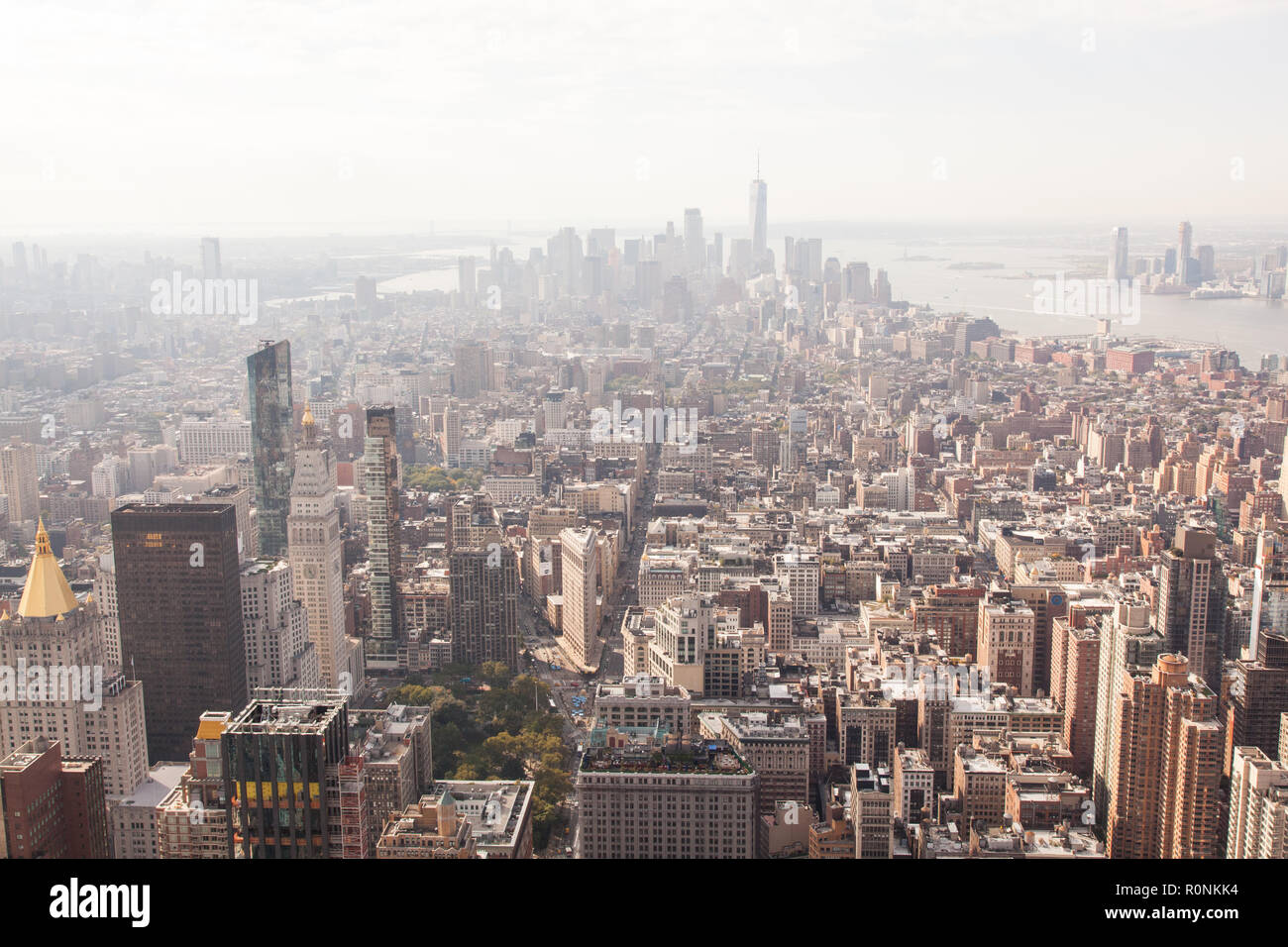 Southern view from the Empire State Building over Lower Manhattan, New York City, United States of America. US, U.S.A, Stock Photo