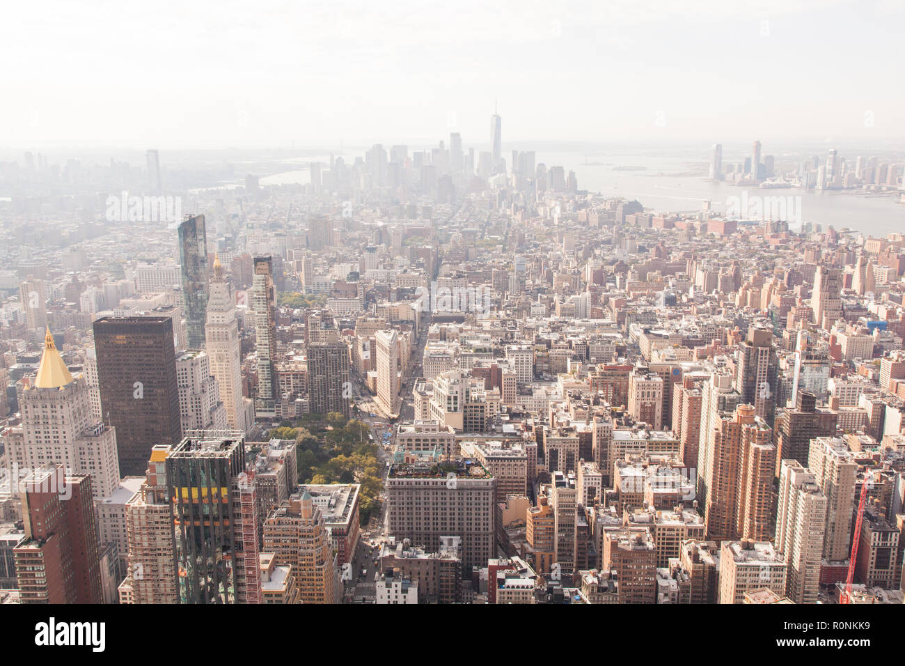 Southern view from the Empire State Building over Lower Manhattan, New York City, United States of America. US, U.S.A, Stock Photo