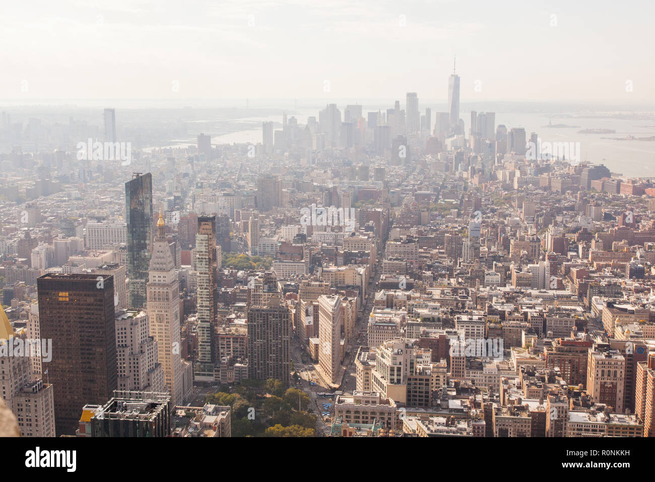 Southern view from the Empire State Building over Lower Manhattan, New York City, United States of America. US, U.S.A, Stock Photo